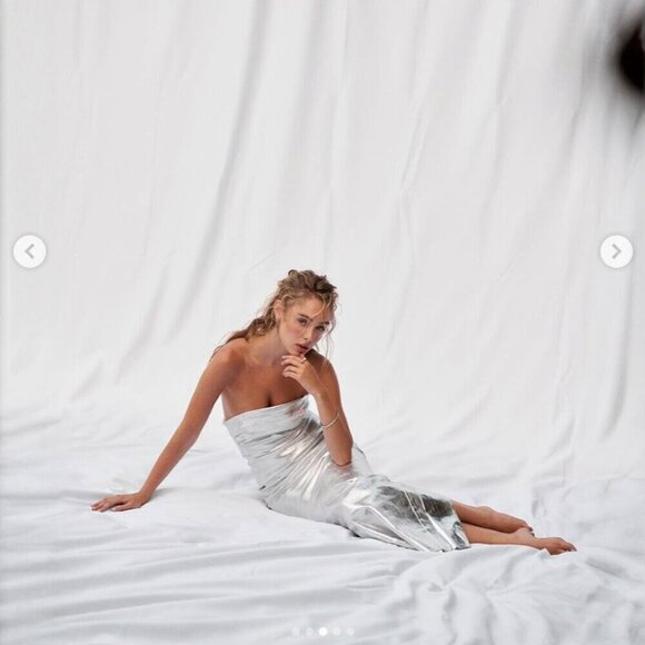 Zara Strapless Fitted Midi Dress Silver Metallic Size XS - Picture 3 of 12